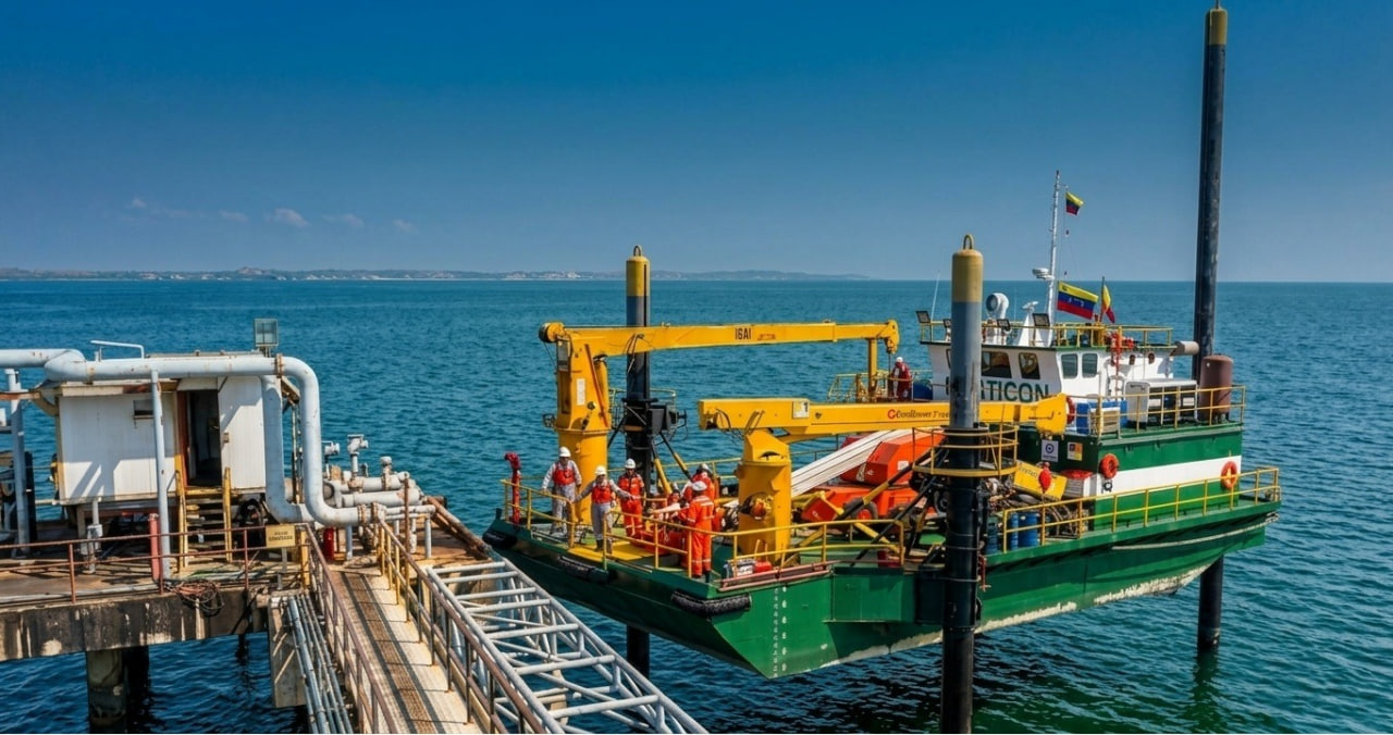 Unidad autoelevable (jack-up) de LATICON atracada a muelle con las patas en posición elevada de navegación, grúa desplegada y cuadrilla trabajando en cubierta